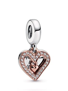 Pandora Rose Gold and Silver Double Heart Dangle Charm with Cubic Stones